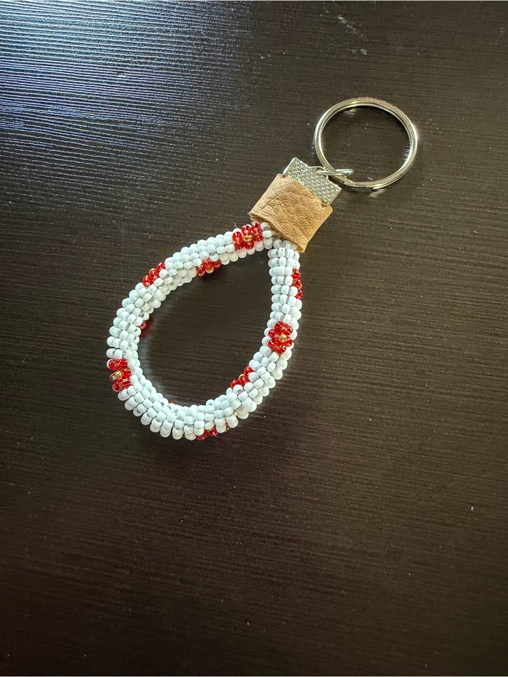 Handmade White & Red Beaded Keychain Loop